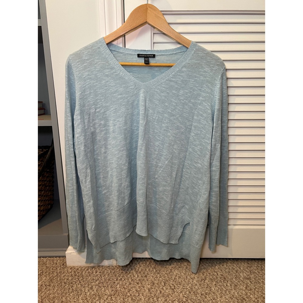 Eileen Fisher Light Blue Organic Linen & Organic Cotton V-Neck Sweater Size M